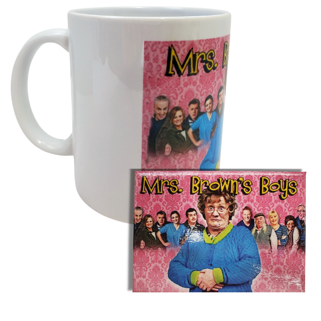 Mug and Magnet Combo - You're going to feckin' love this coffee mug! This coffee mug is perfect for the Mrs.Brown's boys fans! Features an image of Mrs.Brown and her family with the text "MRS.BROWN'S BOYS." Standard-sized coffee mug. Get the matching magnet for only $2.99 with the purchase of a mug!