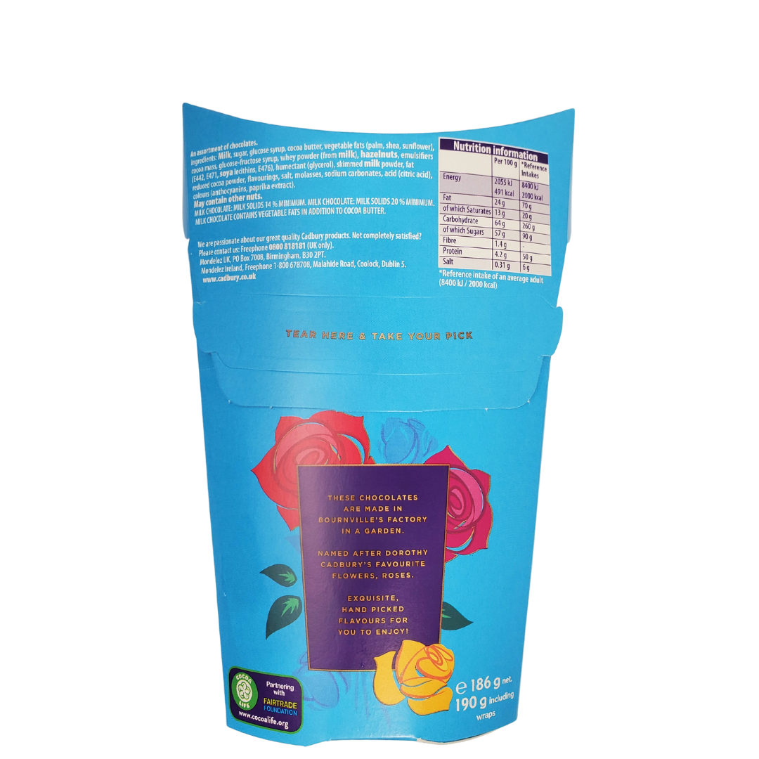 View of back of box - These chocolates are made in Bournvile's factory in a garden. Named after Dorothy Cadbury's favourite flowers, roses. Exquisite, hand picked flavours for you to enjoy! These Cartons make the perfect sharing and snacking.