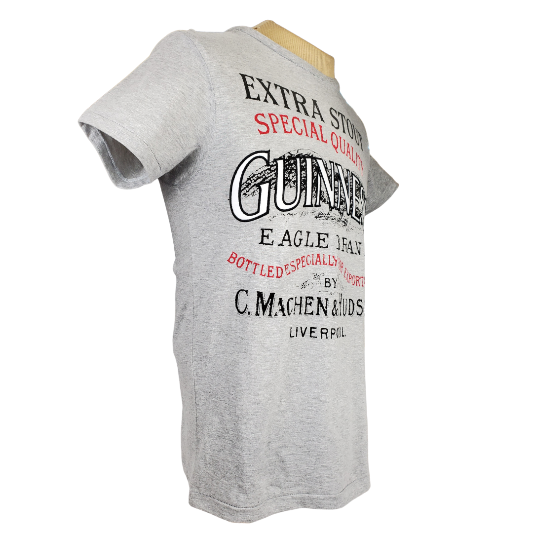 This is a soft grey shirt made with 100% cotton. The text across the front of the shirt reads "EXTRA STOUT SPECIAL QUALITY GUINNESS EAGLE BRAND BOTTLED ESPECIALLY FOR EXPORT BY C. MACHEN & HUDSON LIVERPOOL."   Care Instructions: Wash with like colours, do not iron.