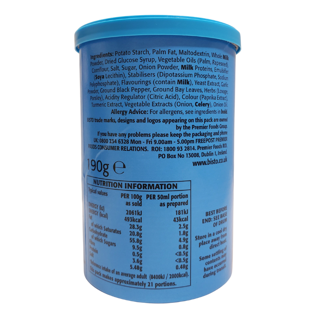 Bistro white sauce granules. UK's favourite gravies. To make: Add four heaping teaspoons of Bistro granules into a measuring jug. Add 280mL of boiling water to the granules. Stir until homogenous and smooth.