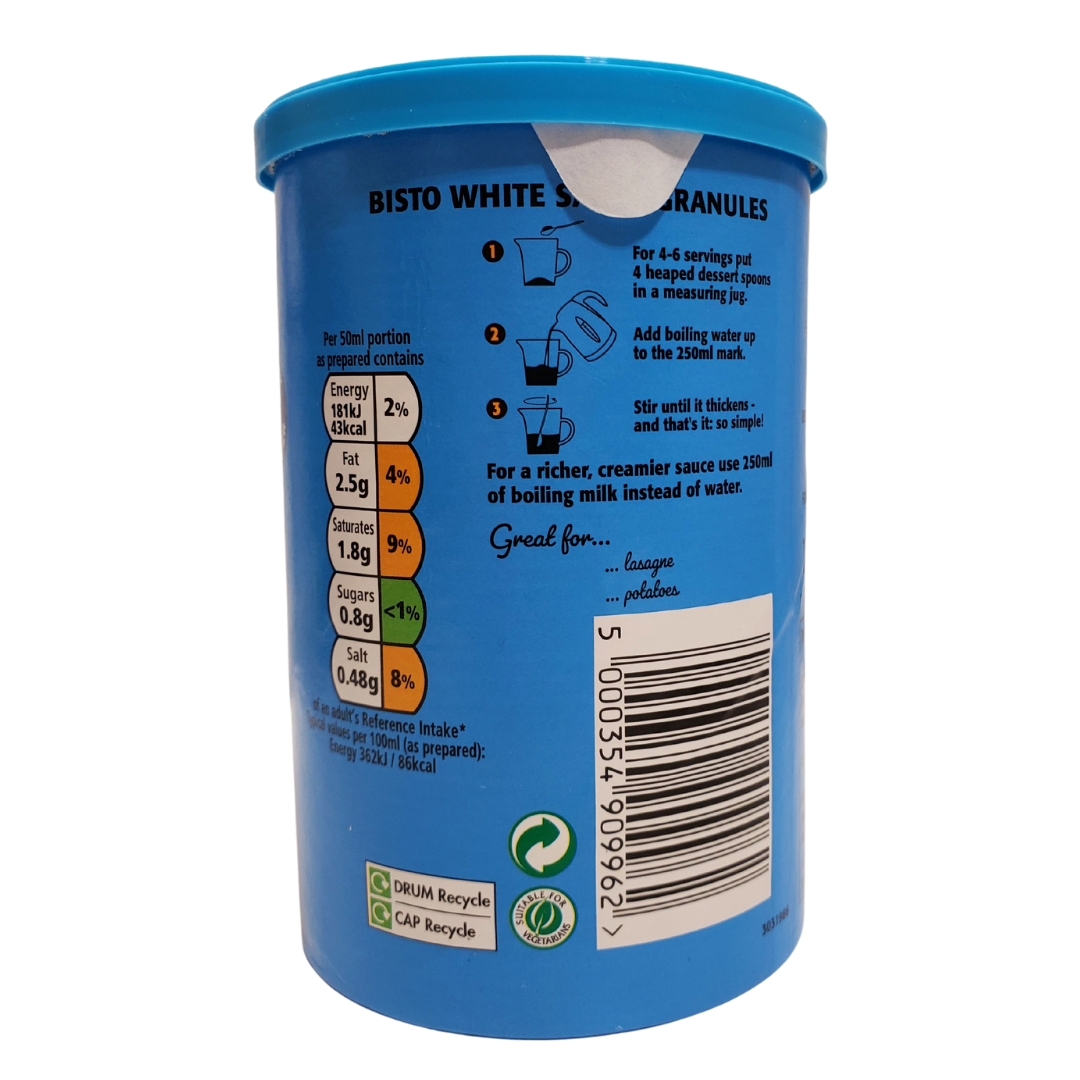 Bistro white sauce granules. UK's favourite gravies. To make: Add four heaping teaspoons of Bistro granules into a measuring jug. Add 280mL of boiling water to the granules. Stir until homogenous and smooth.