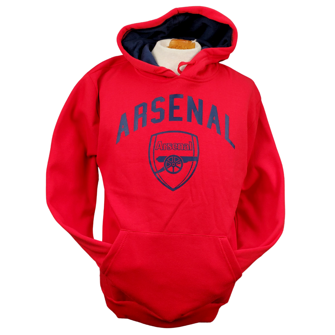 Bright red Arsenal football club hoodie. The Text "ARSENAL" is in navy blue in big bold letters across the chest. Below the text is the teams official crest in navy blue