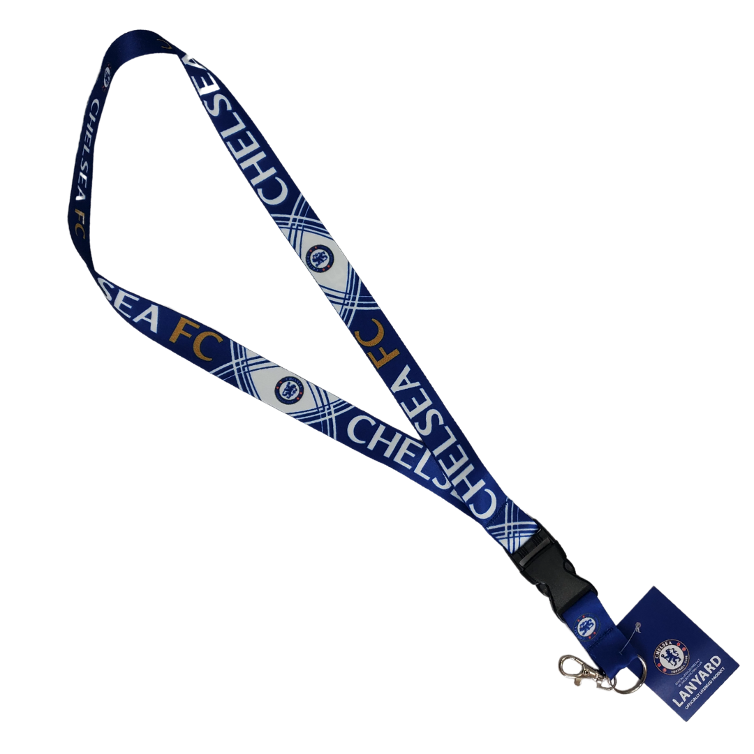 Chelsea football club lanyard. Royal b;ue lanyard with the text "CHELSEA" in white and "FC" in a golden yellow. The text wraps around the entire lanyard and between each of the texts written is the official Chelsea logo. 
