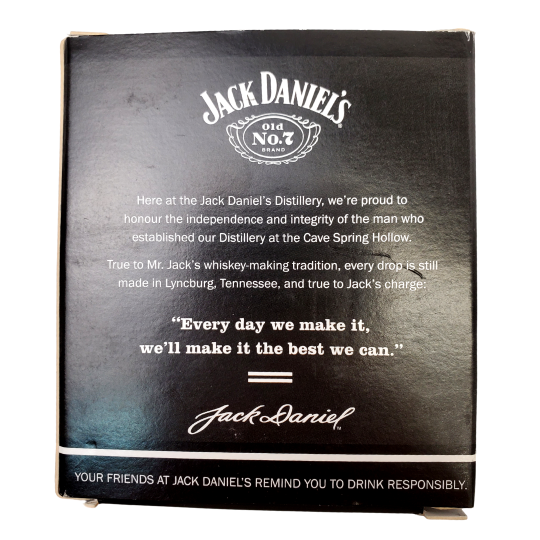 Back of Box View - Drink your whiskey in style with this classic Jack Daniels square rocks glass.  Comes in the square style depicting the Jack Daniels label logo. Officially licensed.  Official Jack Daniels merchandise Sip on your whiskey in style 