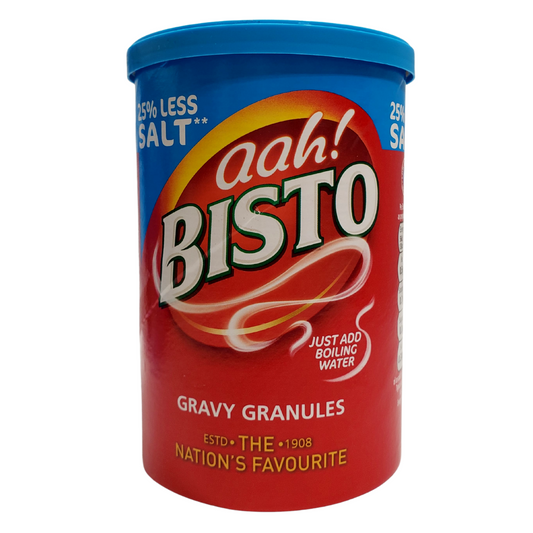 Bistro onion gravy granules. UK's favourite gravies. To make: Add four heaping teaspoons of Bistro granules into a measuring jug. Add 280mL of boiling water to the granules. Stir until homogenous and smooth. 25% less salt than the original Bistro gravy granules. 