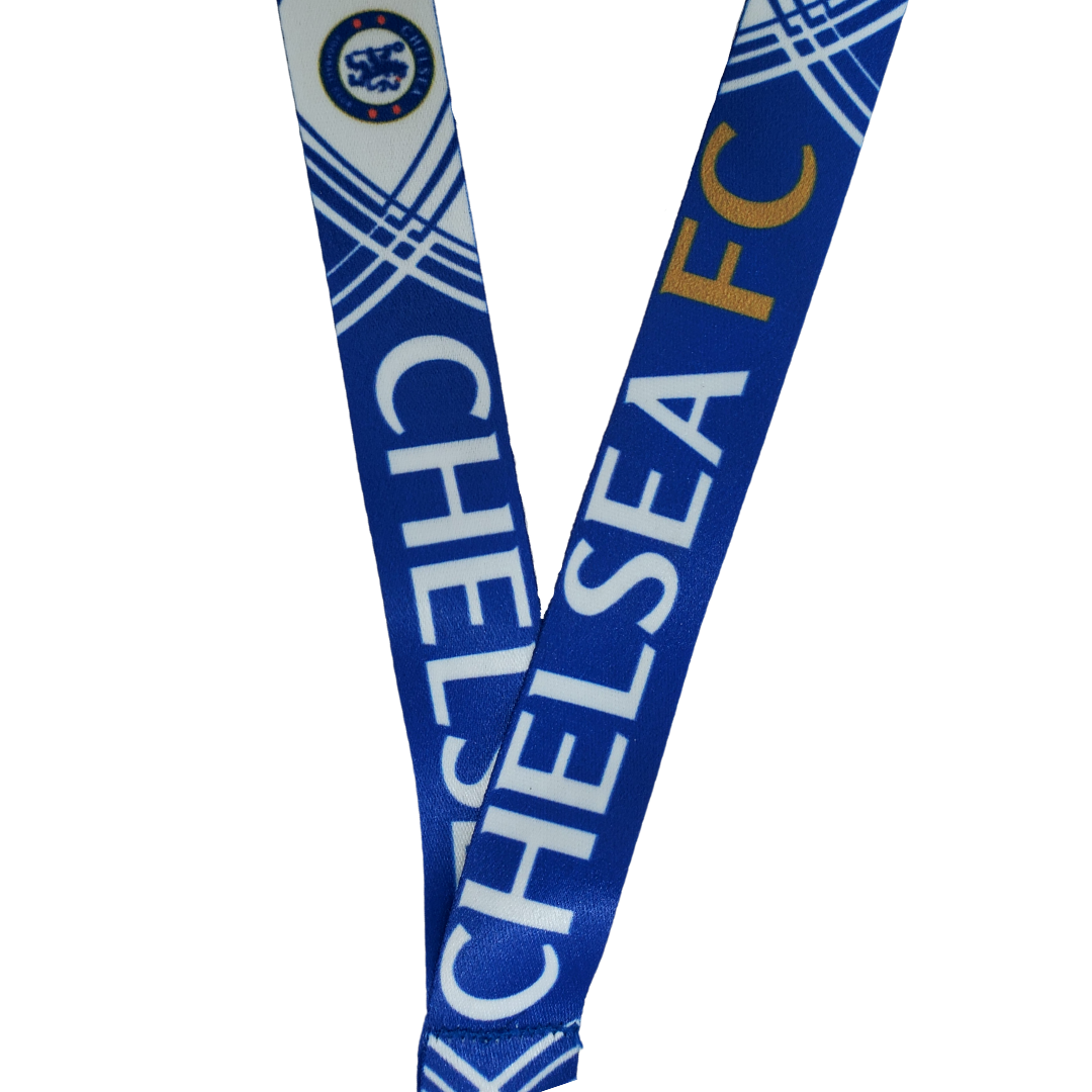 Chelsea football club lanyard. Royal b;ue lanyard with the text "CHELSEA" in white and "FC" in a golden yellow. The text wraps around the entire lanyard and between each of the texts written is the official Chelsea logo.