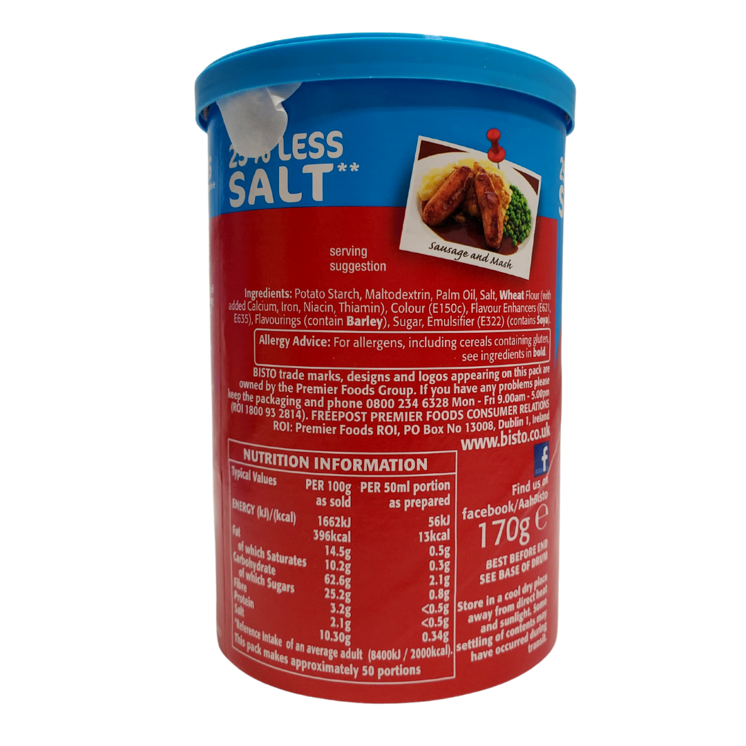 Bistro onion gravy granules. UK's favourite gravies. To make: Add four heaping teaspoons of Bistro granules into a measuring jug. Add 280mL of boiling water to the granules. Stir until homogenous and smooth. 25% less salt than the original Bistro gravy granules. 
