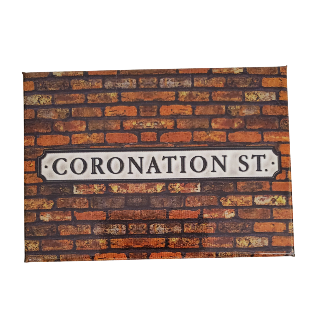 Magnet - Enjoy your morning brew in our Coronation Street-themed coffee mug. This is the perfect gift for the Coronation Street lover in your life! Features the text "CORONATION ST" on a brick background on a white mug. Standard-sized coffee mug.  You can get a matching magnet for only $2.99 with the purchase of a mug! 
