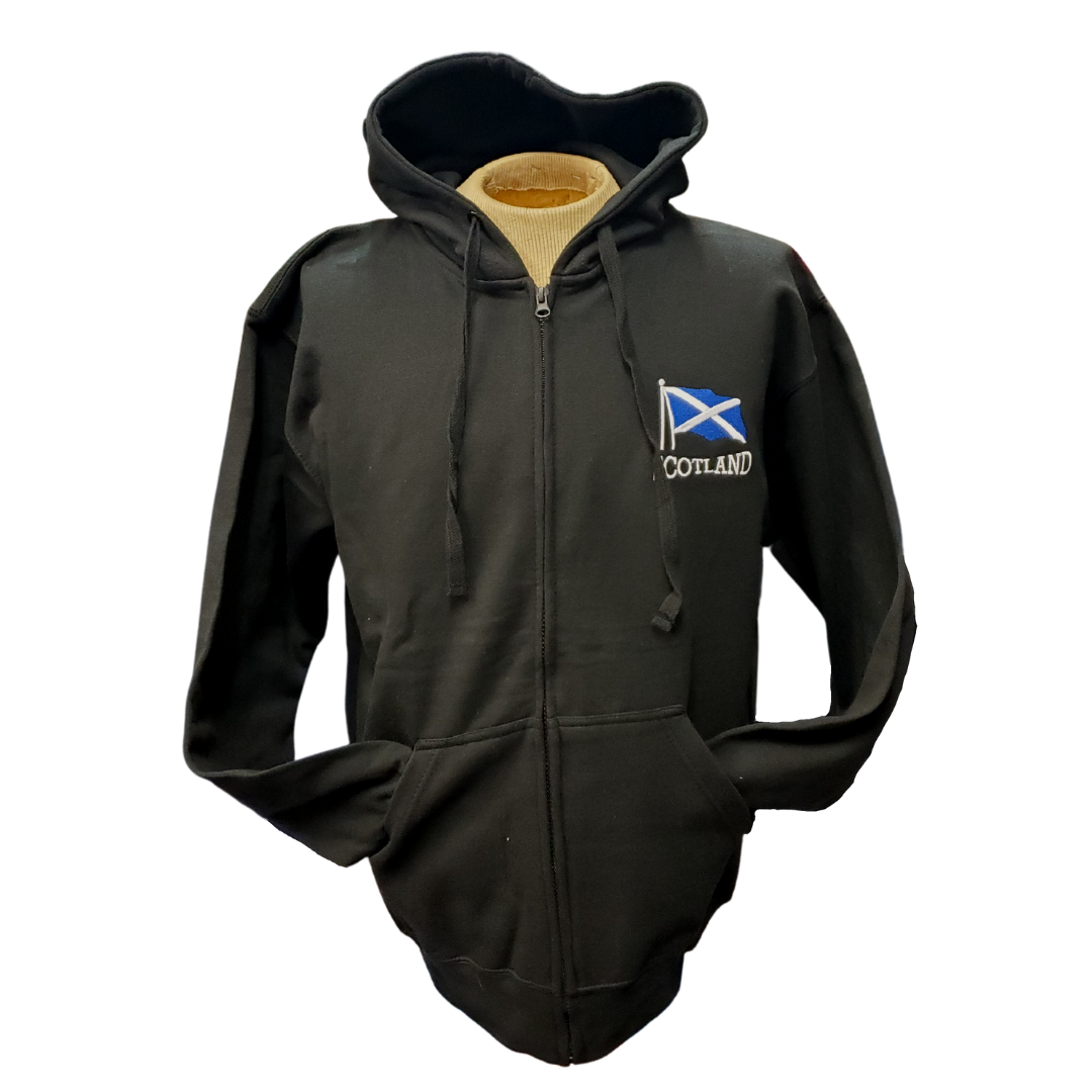 Black hooded zip-up sweatshirt. On the left breast is an embroidered Scottish flag with the text Scotland below the flag in white.