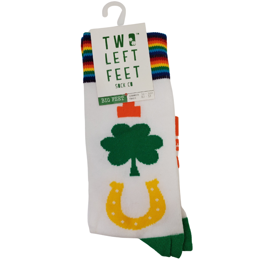 Get the luck of the Irish while keeping your toes toasty with these I four-leaf clover U socks! Comes in two size variations: small feet, and big feet.   Small Feet:  Women's: 5.5-9.5 Men's: 5-8 Big Feet:  Women's: 10-12.5 Men's: 8.5-13