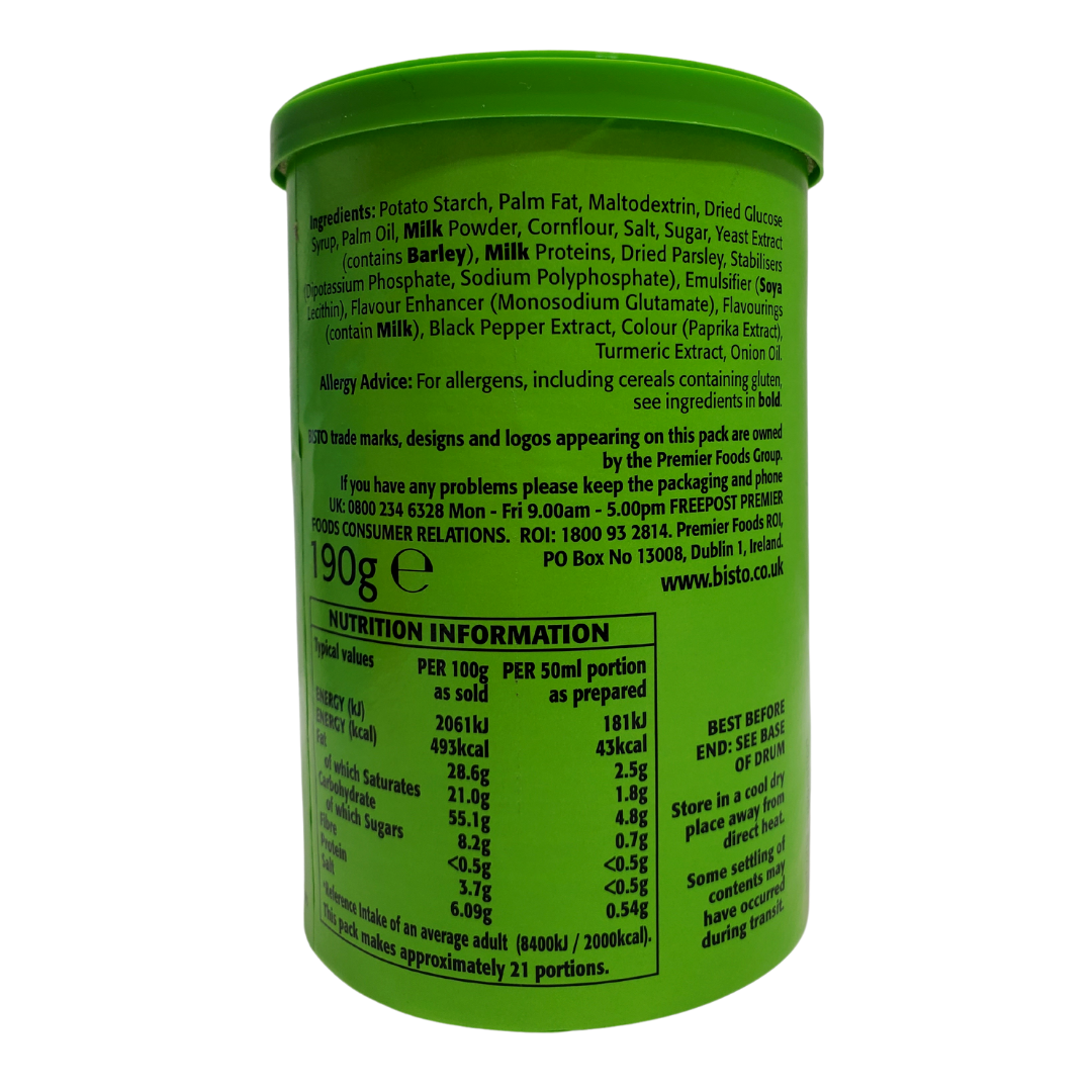 Bistro parsley sauce mix. UK's favourite gravies. To make: Add four heaping teaspoons of Bistro granules into a measuring jug. Add 280mL of boiling water to the granules. Stir until homogenous and smooth.