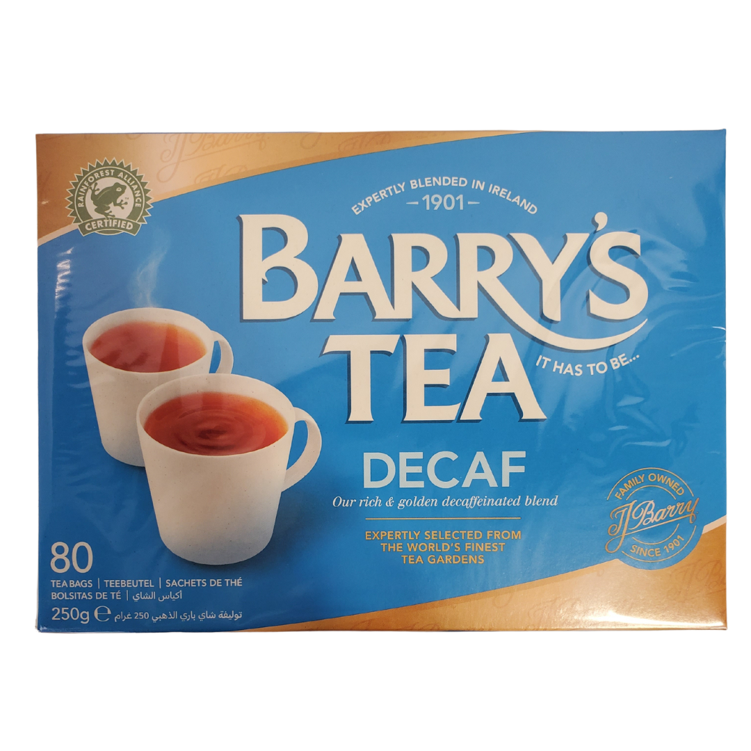 Barry's Tea Decaf - Expertly blended since 1901. 100% natural black tea. Rainforest alliance certified tea gardens. Sourced from Rwanda, Kenya, and the Assam Valley of India. Expertly blended in Ireland. Box has 80 Decaffeinated tea bags.