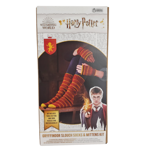 Inspired by the magic of Hogwarts this kit contains everything you need to make a pair of your very own Gryffindor slouch socks and fingerless mittens. Knit your very own socks and mittens!  Kit Includes:   yarn, needles, and a pattern booklet.