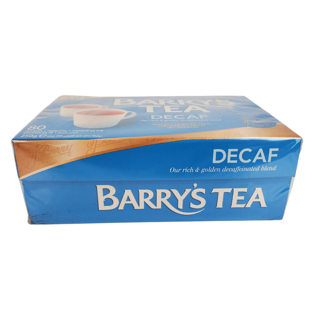 Barry's Tea Decaf - Side view of box - Expertly blended since 1901. 100% natural black tea. Rainforest alliance certified tea gardens. Sourced from Rwanda, Kenya, and the Assam Valley of India. Expertly blended in Ireland. Box has 80 Decaffeinated tea bags.