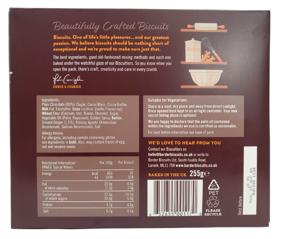 Back of Box View - Beautifully crafted biscuits. These biscuits are made with the best ingredients and mixed using old-fashioned mixing methods. Each biscuit is watched carefully by the Biscuiteers. You know these cookies are crafted with care, craft, and creativity.