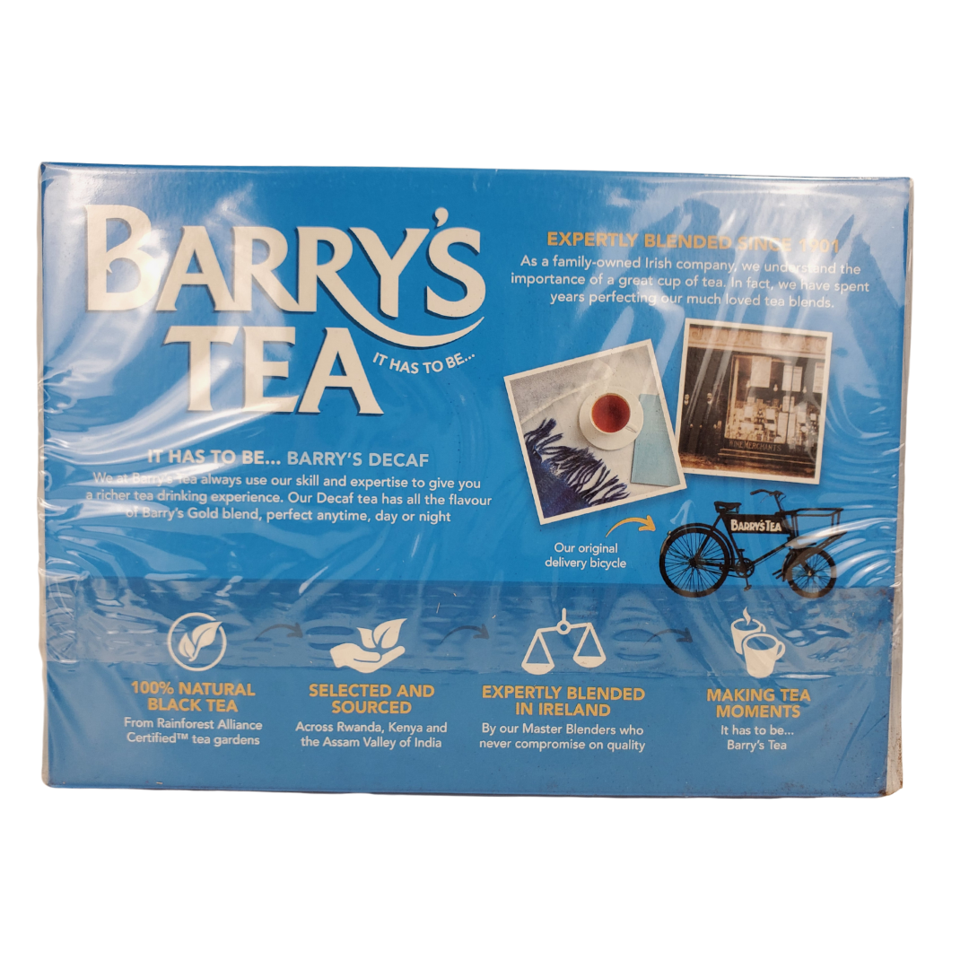 Barry's Tea Decaf - Back of box - Expertly blended since 1901. 100% natural black tea. Rainforest alliance certified tea gardens. Sourced from Rwanda, Kenya, and the Assam Valley of India. Expertly blended in Ireland. Box has 80 Decaffeinated tea bags.