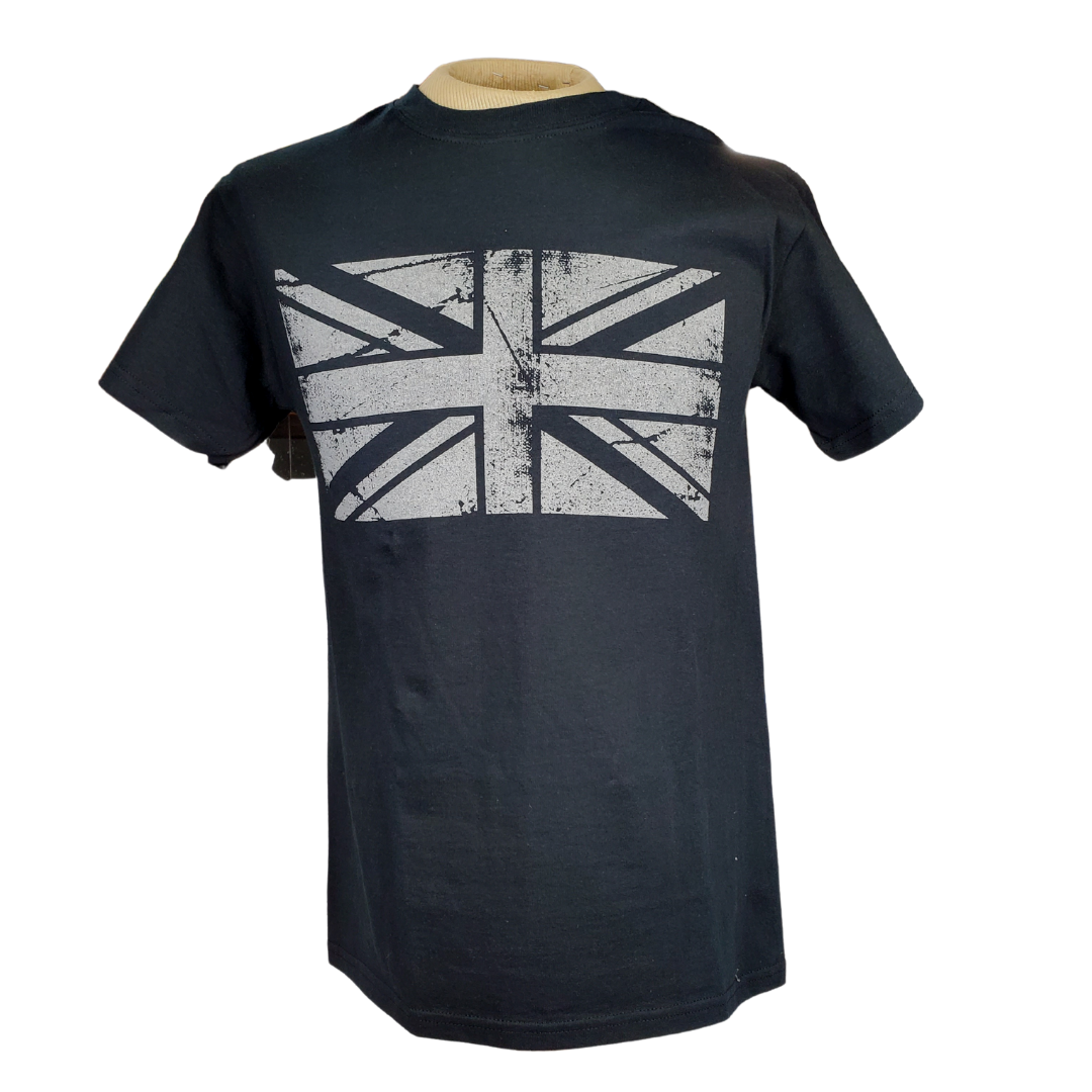 Black T-shirt with grey printed on Union Jack. 