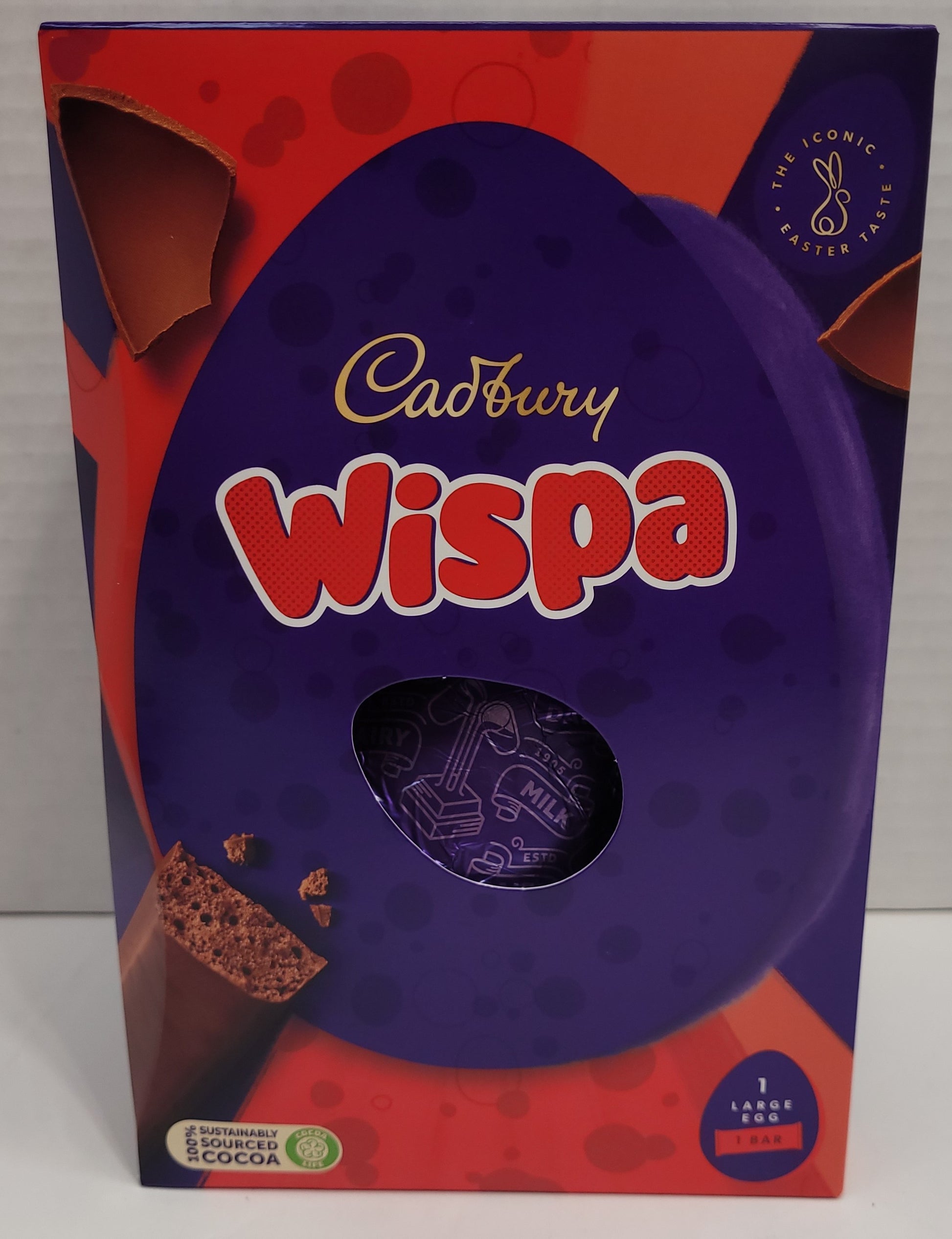 A yummy hollow chocolate egg made with the world-famous Cadbury Dairy Milk chocolate. The chocolate egg is filled with 1 Cadbury Wispa chocolate bar.   Box contains one Cadbury Dairy Milk hollow chocolate egg and two bars of textured milk chocolate.   152G   Imported from the UK. 