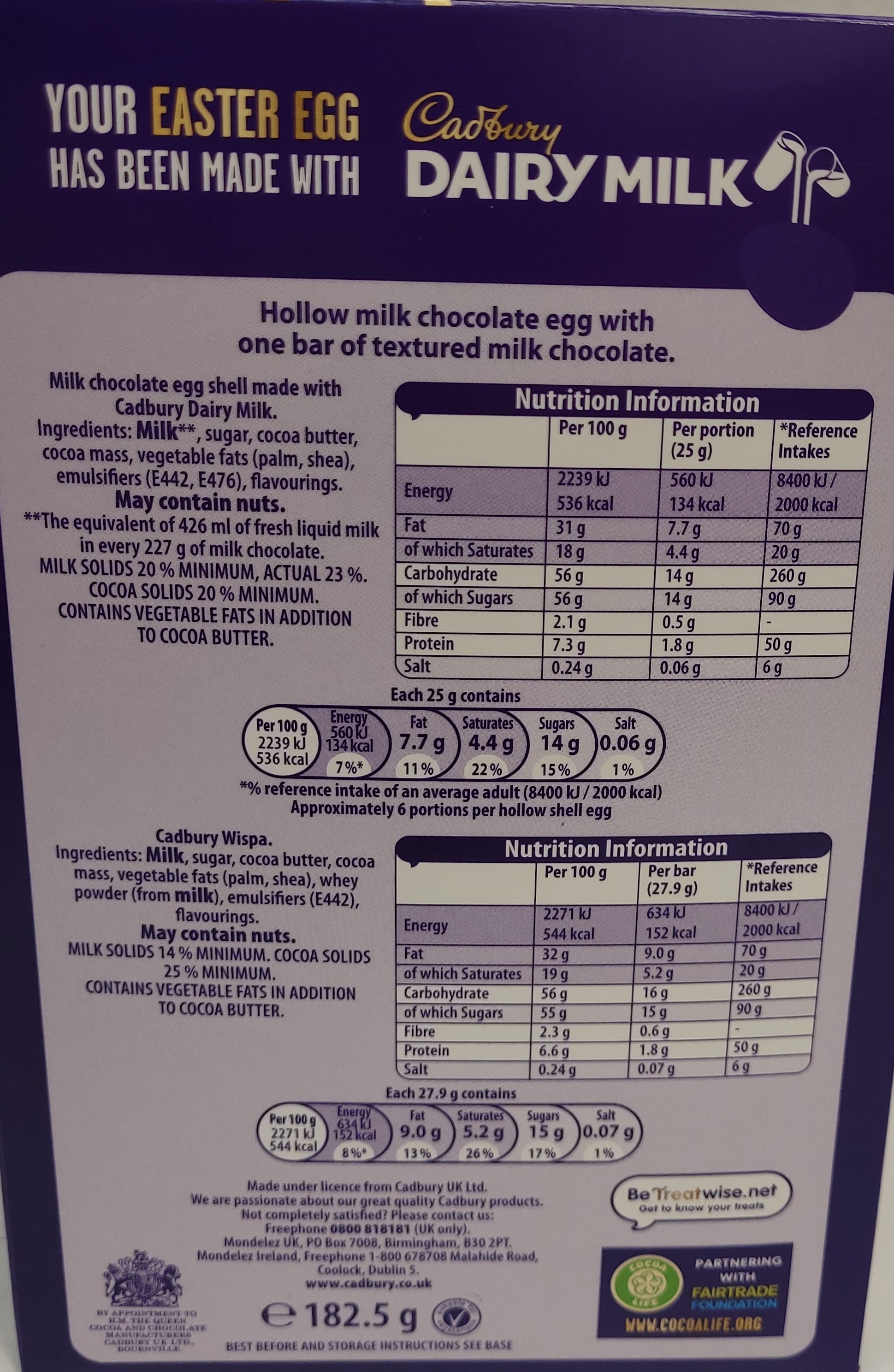 Back view of Box - A yummy hollow chocolate egg made with the world-famous Cadbury Dairy Milk chocolate. The chocolate egg is filled with 1 Cadbury Wispa chocolate bar.   Box contains one Cadbury Dairy Milk hollow chocolate egg and two bars of textured milk chocolate.   152G   Imported from the UK. 