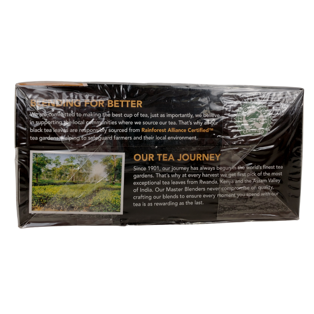 Barry's Tea Master Blend Side View of Box - Expertly blended since 1901. 100% natural black tea. Rainforest alliance certified ta gardens. Sourced from Rwanda, Kenya, and the Assam Valley of India. Expertly blended in Ireland. Box includes 80 tea bags.