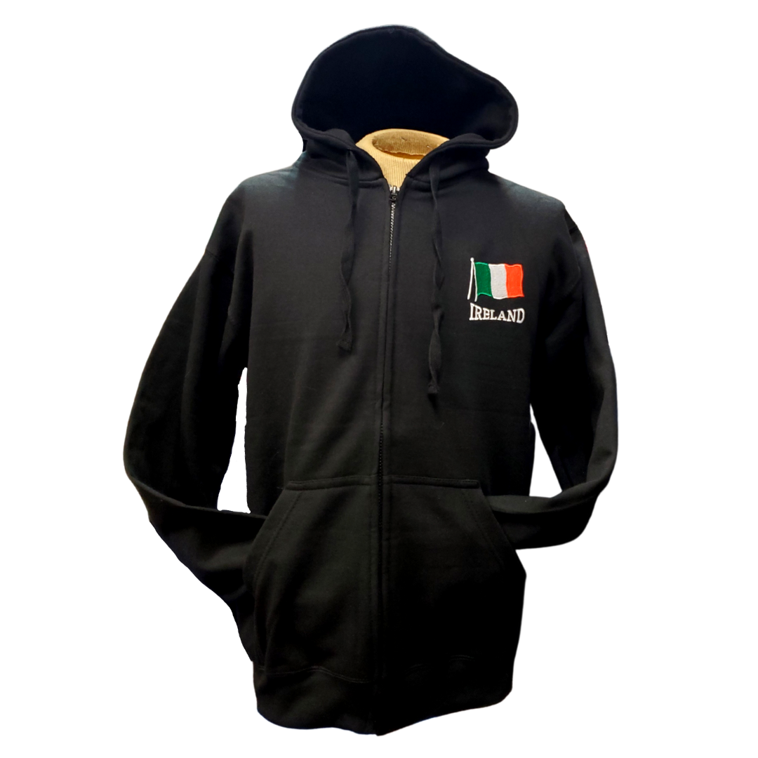 Black hooded zip-up sweatshirt. On the left breast is an embroidered Ireland flag with the text Ireland below the flag in white.
