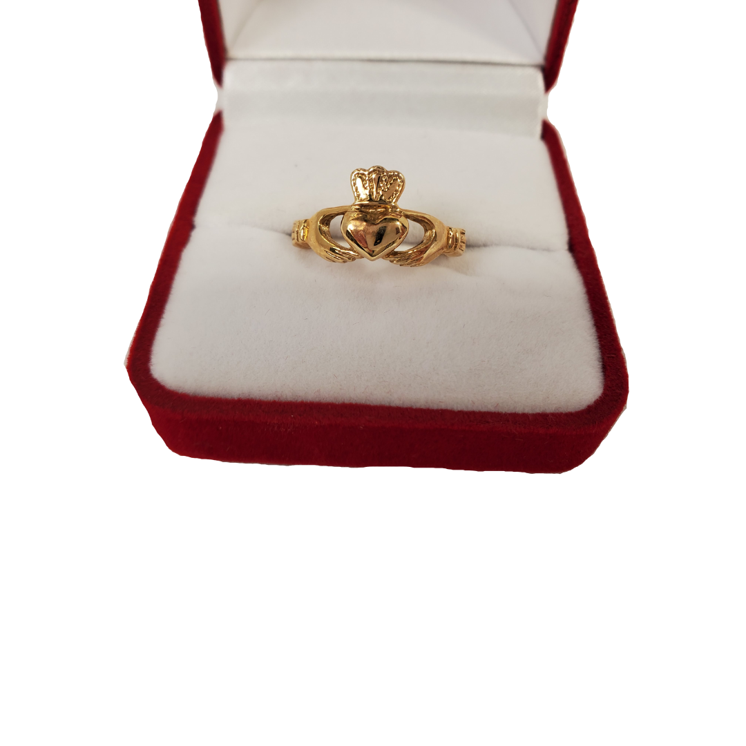One of Ireland's most recognized images is the Claddagh. Two hands embrace a heart wearing a crown to symbolize pure love. Widely used as an engagement ring or a symbol of love this beautiful ring is sure to put a smile on your loved ones face.   We carry 10K and 14K yellow gold rings. Please allow 14 days for delivery. Contact us with the size of ring you would like. 