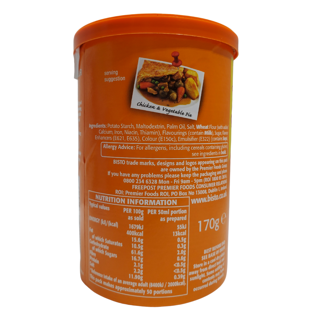 Bistro chicken sauce granules. UK's favourite gravies. To make: Add four heaping teaspoons of Bistro granules into a measuring jug. Add 280mL of boiling water to the granules. Stir until homogenous and smooth.