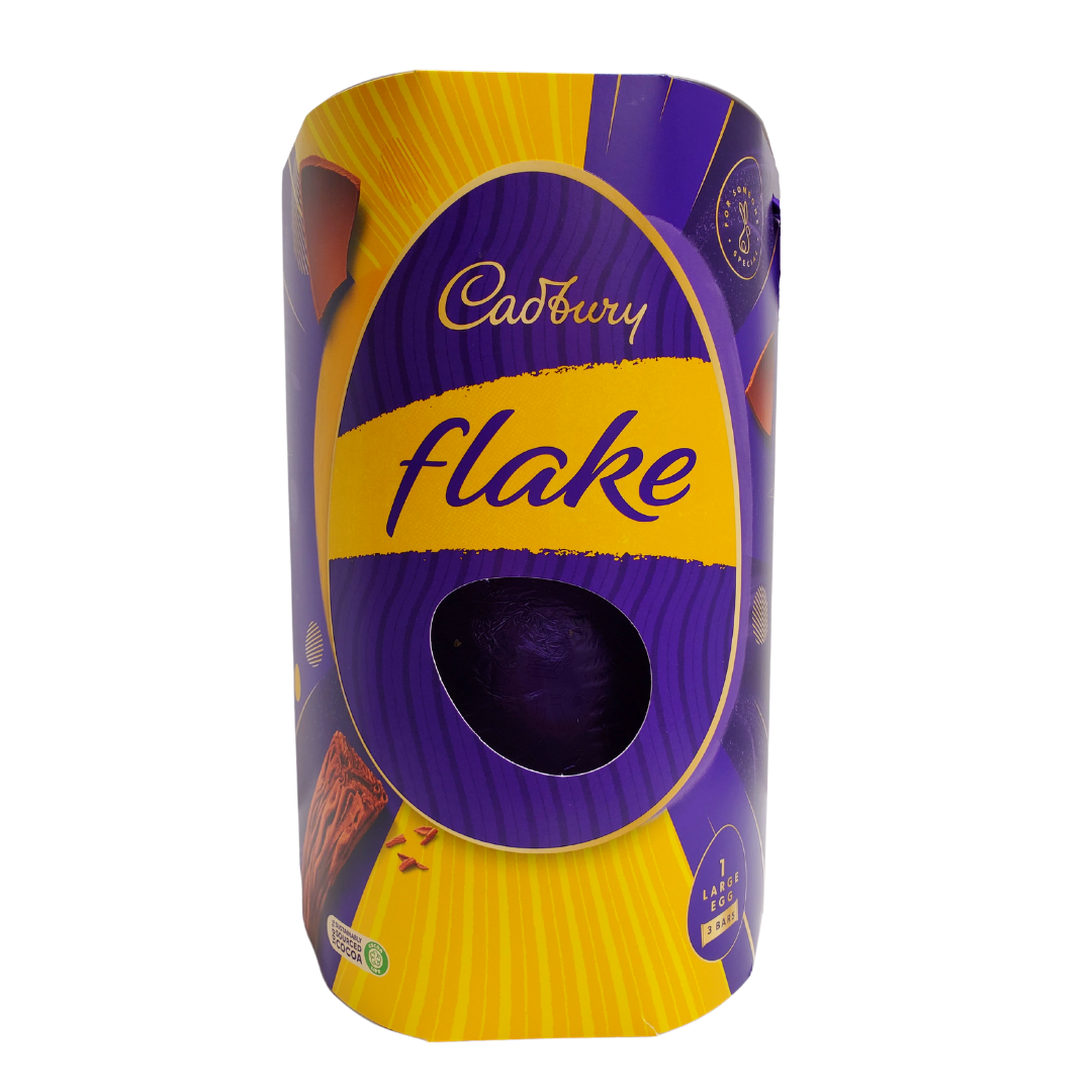 Enjoy this yummy chocolate Easter egg made with Cadbury Dairy Milk chocolate. This large chocolate egg is filled with three full-sized Cadbury Flake Bars! The packaging is bright and festive complete with a cute ribbon handle.   Contains one large hollow Cadbury Milk Chocolate egg (294g) and three Cadbury Flake Bars.   Imported from the UK. 