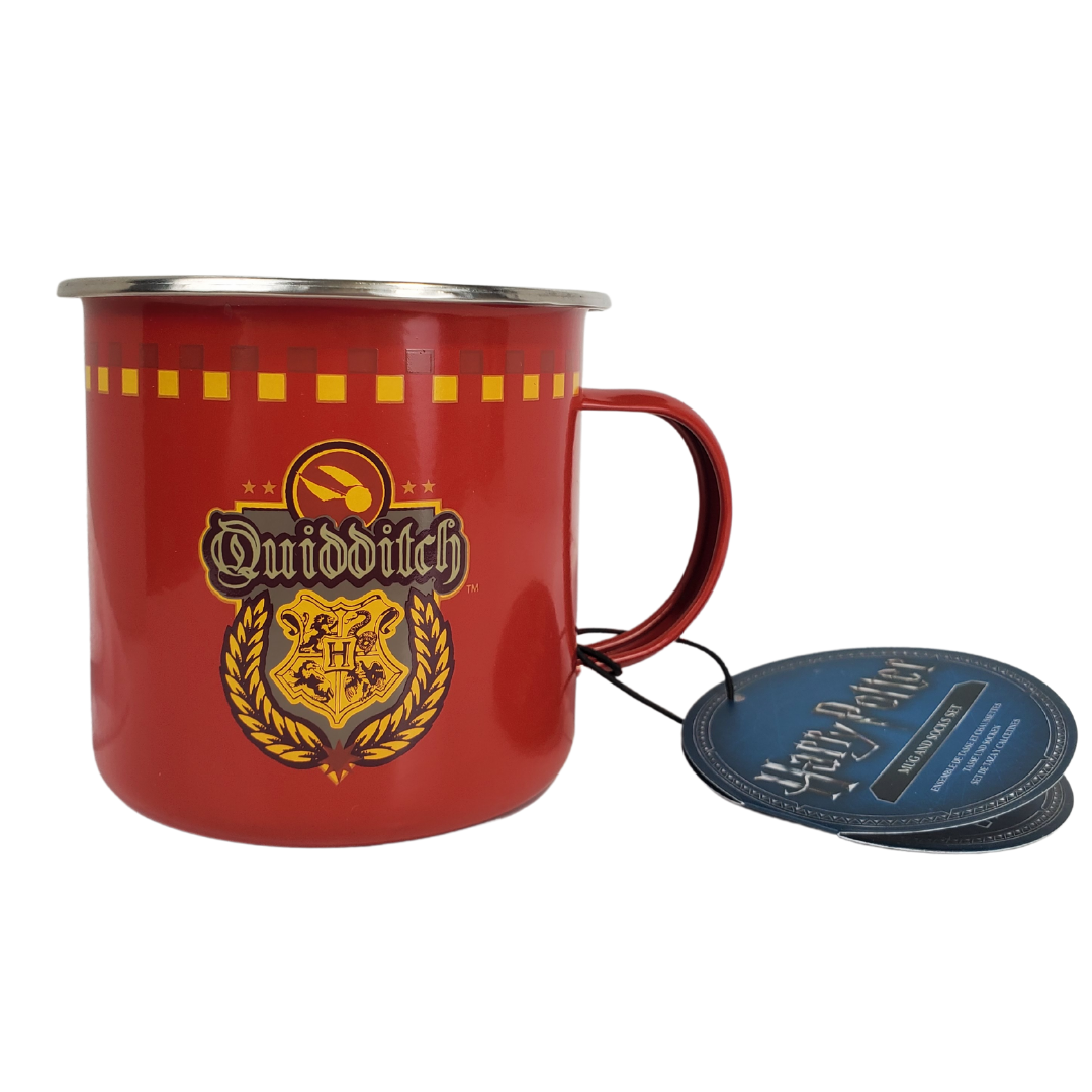 Snuggle up next to a warm fire on your next camping trip with this Harry Potter camping mug and cozy socks. The Harry Potter Gryffindor Quidditch mug and socks set is the perfect duo for any Harry Potter fans. Show your Gryffindor pride with this cute set. This cozy set comes with a standard-sized mug and a pair of men's size 7-11 (UK) socks. The tin mug features the Hogwarts crest and the word ‘Quidditch’ on its side, and the socks feature the Gryffindor lion and house’s name.