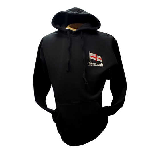 Show off your English pride with this England Hoodie. Features the England flag with the text "ENGLAND" below the flag. Made with a blend of 75% cotton and 25% po