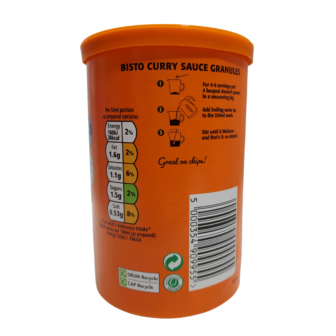 Bistro curry sauce granules. UK's favourite gravies.   Preparation instruction: Combine four heaping teaspoons of Bistro granules with 280mL of boiling water. Stir until granules dissappear and mixture turns homogenous and smooth.