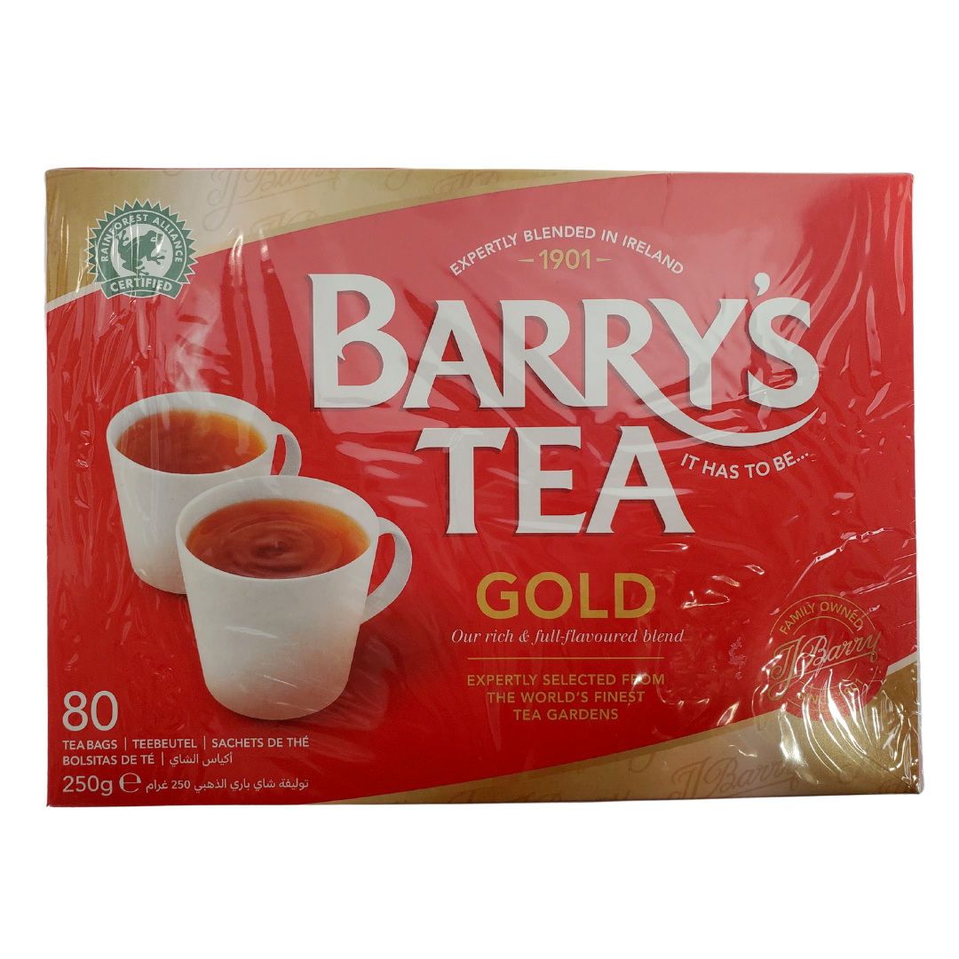 Barry's Tea Gold Blend - Expertly blended since 1901. 100% natural black tea. Rainforest alliance certified ta gardens. Sourced from Rwanda, Kenya, and the Assam Valley of India. Expertly blended in Ireland. Box includes 80 tea bags.