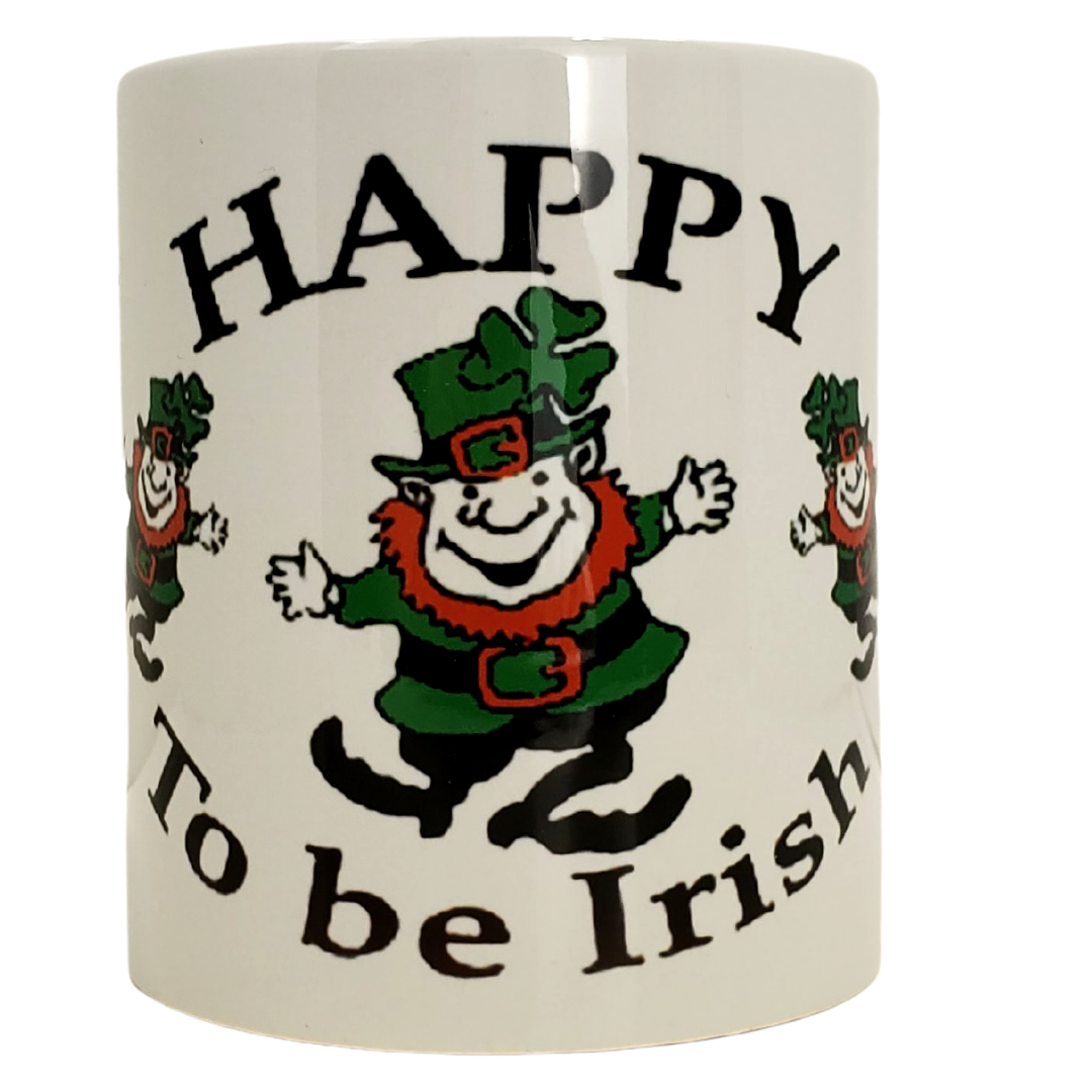 Be even happier with our coffee mug. This is the perfect gift for your Irish friends who love their heritage! Features 3 leprechauns, titled "HAPPY TO BE IRISH." Standard-sized mug. Care Instructions: Dishwasher and microwave safe!
