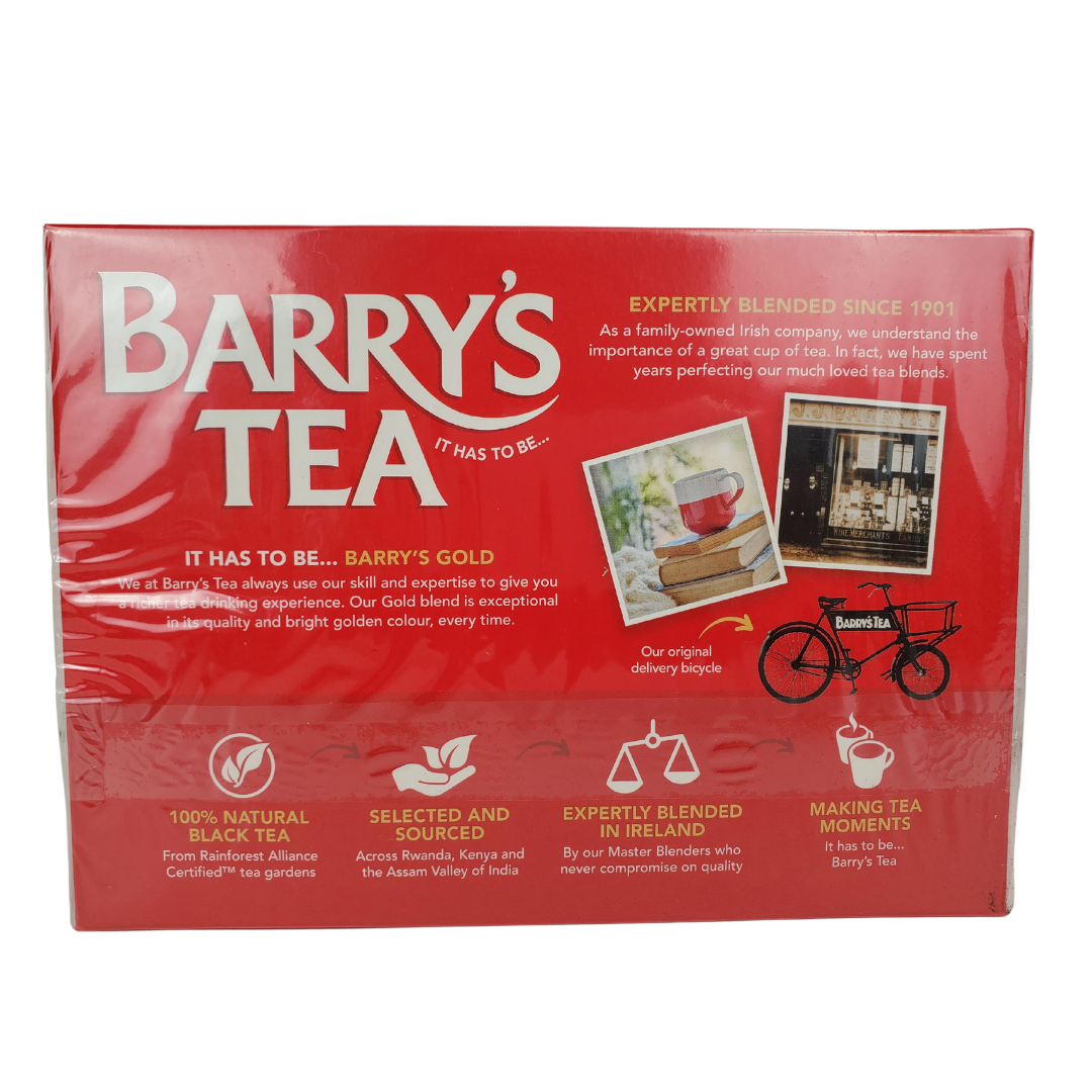 Barry's Tea Gold Blend - Back of Box - Expertly blended since 1901. 100% natural black tea. Rainforest alliance certified ta gardens. Sourced from Rwanda, Kenya, and the Assam Valley of India. Expertly blended in Ireland. Box includes 80 tea bags.