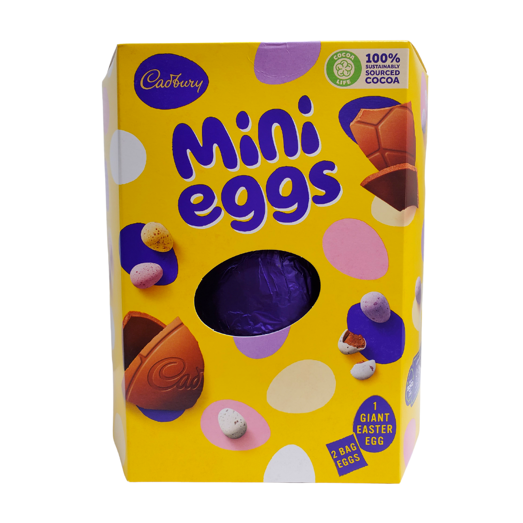 A yummy hollow chocolate egg made with the world-famous Cadbury Dairy Milk chocolate. The chocolate egg is filled with Cadbury mini eggs. Bright festive packaging  perfect for the holiday!  Contains one Cadbury Dairy Milk hollow chocolate egg and two bags of Cadbury mini eggs.   Imported from the UK. 