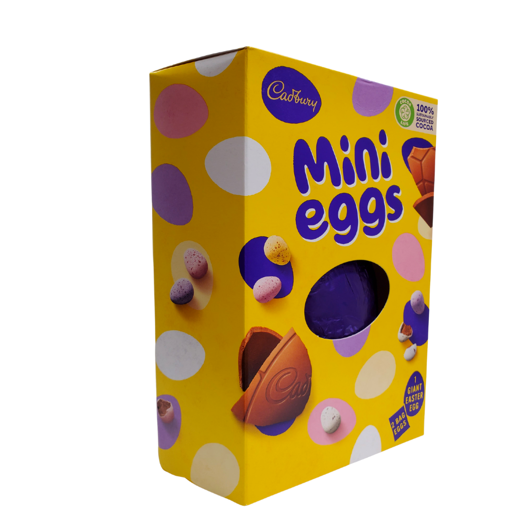 A yummy hollow chocolate egg made with the world-famous Cadbury Dairy Milk chocolate. The chocolate egg is filled with Cadbury mini eggs. Bright festive packaging  perfect for the holiday!  Contains one Cadbury Dairy Milk hollow chocolate egg and two bags of Cadbury mini eggs.   Imported from the UK. 