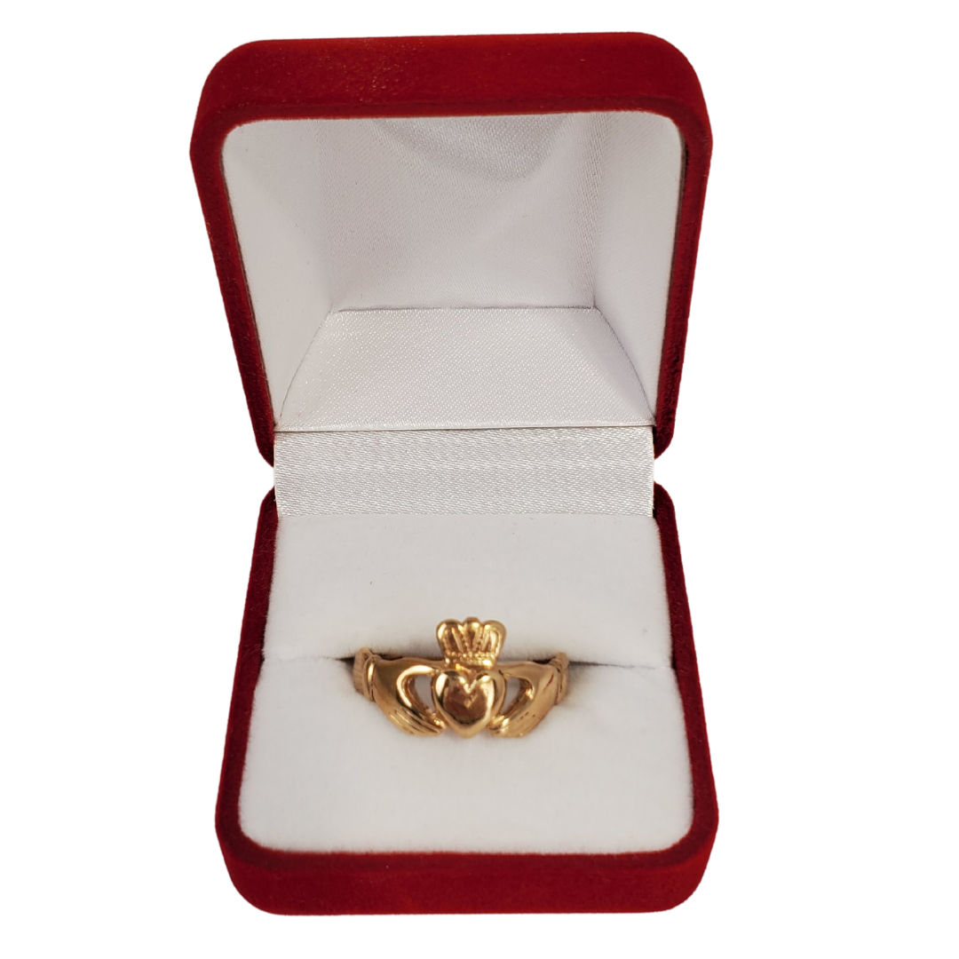 One of Ireland's most recognized images is the Claddagh. Two hands embrace a heart wearing a crown to symbolize pure love. Widely used as an engagement ring or a symbol of love this beautiful ring is sure to put a smile on your loved ones face.   We carry 10K and 14K yellow gold rings. Please allow 14 days for delivery. Contact us with the size of ring you would like. 