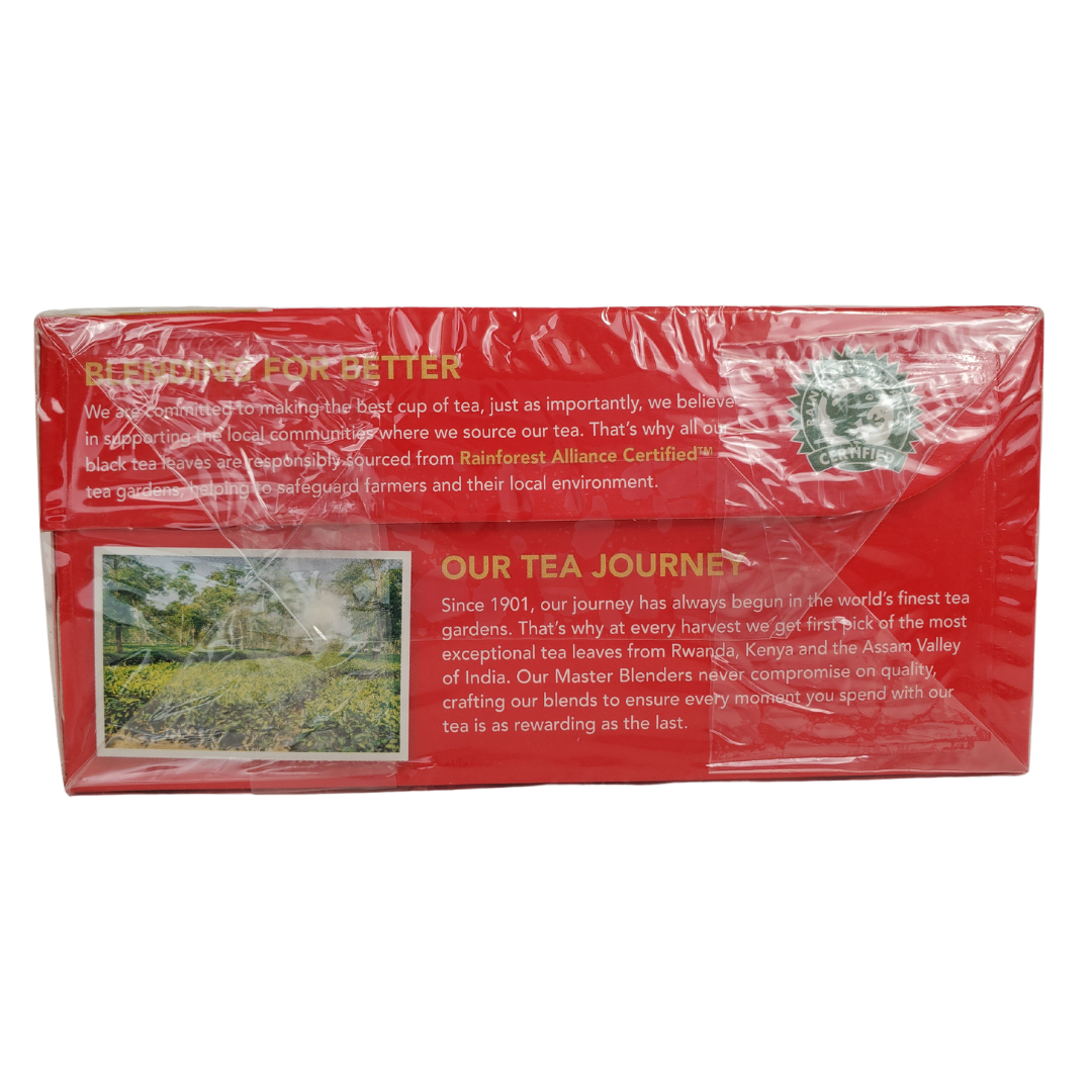 Barry's Tea Gold Blend - side view of box - Expertly blended since 1901. 100% natural black tea. Rainforest alliance certified ta gardens. Sourced from Rwanda, Kenya, and the Assam Valley of India. Expertly blended in Ireland. Box includes 80 tea bags.