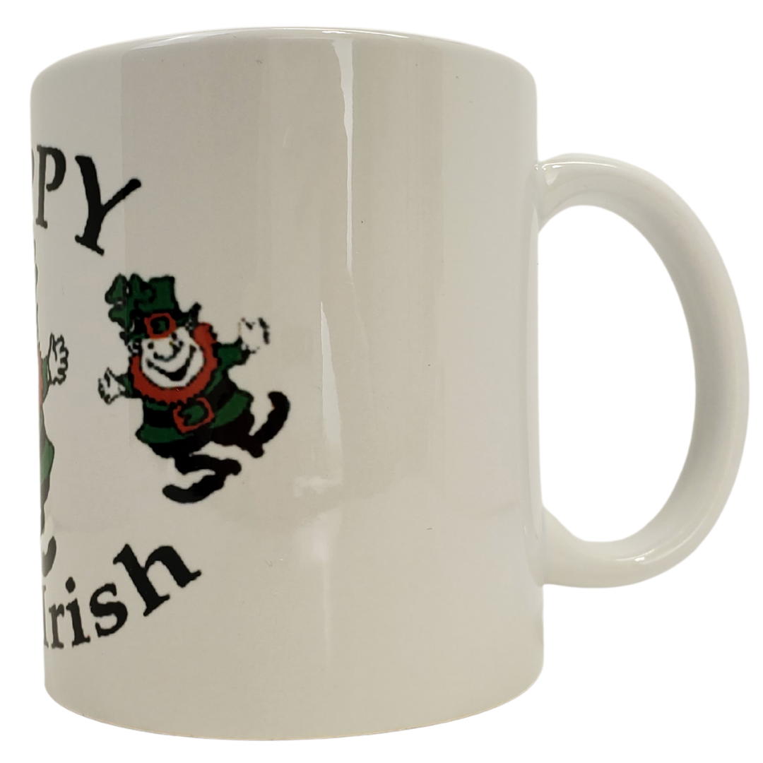 Close up to mug handle - Be even happier with our coffee mug. This is the perfect gift for your Irish friends who love their heritage! Features 3 leprechauns, titled "HAPPY TO BE IRISH." Standard-sized mug. Care Instructions: Dishwasher and microwave safe!