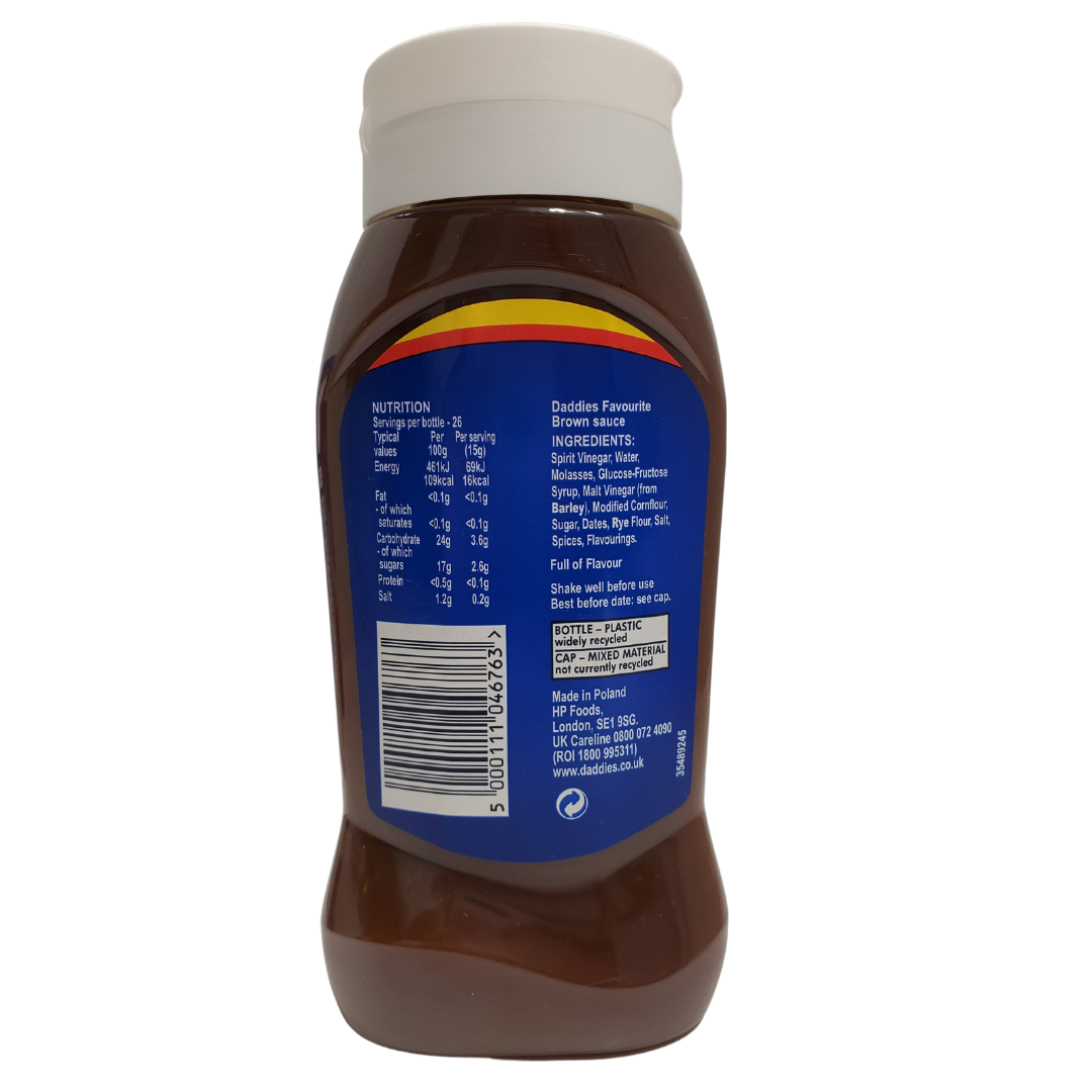 Back of Bottle View - Daddies Favourite Sauce is the strong brown sauce. Daddies is a popular brown sauce in the UK and Ireland and dates back to 1904!  Frequently enjoyed on a big breakfast, bacon sandwich, steak and eggs or fish and chips!   Bottle Size - 400g