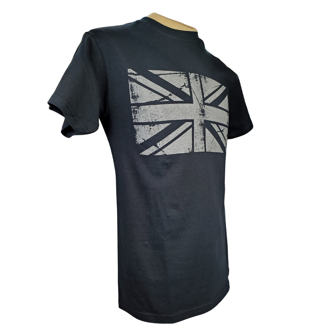 Show off your British pride with this black and grey Union Jack T-shirt. This shirt is made with 100% cotton in a black fabric with a grey print.