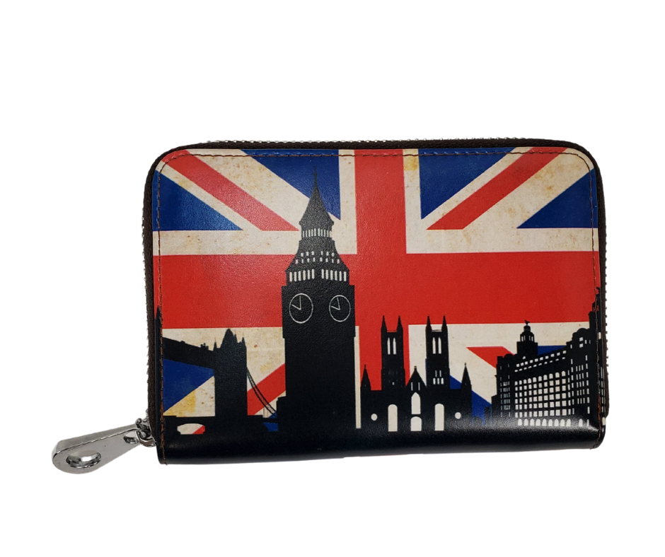 Wallet with the Union Jack. On the lower portion of the wallet are outlines of important landmarks in the United Kingdom in black. The landmarks from left to right: tower bridge, Big Ben, Westminister Abbey, and 