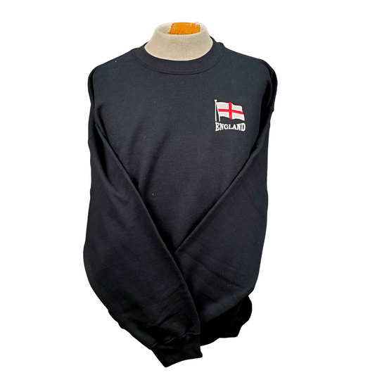 Black crewneck sweatshirt with the England flag embroidered on the left breast with the text "ENGLAND" embroidered in white 