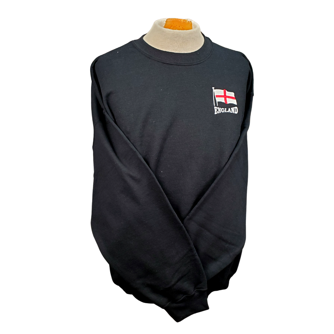 Black crewneck sweatshirt with the England flag embroidered on the left breast with the text "ENGLAND" embroidered in white