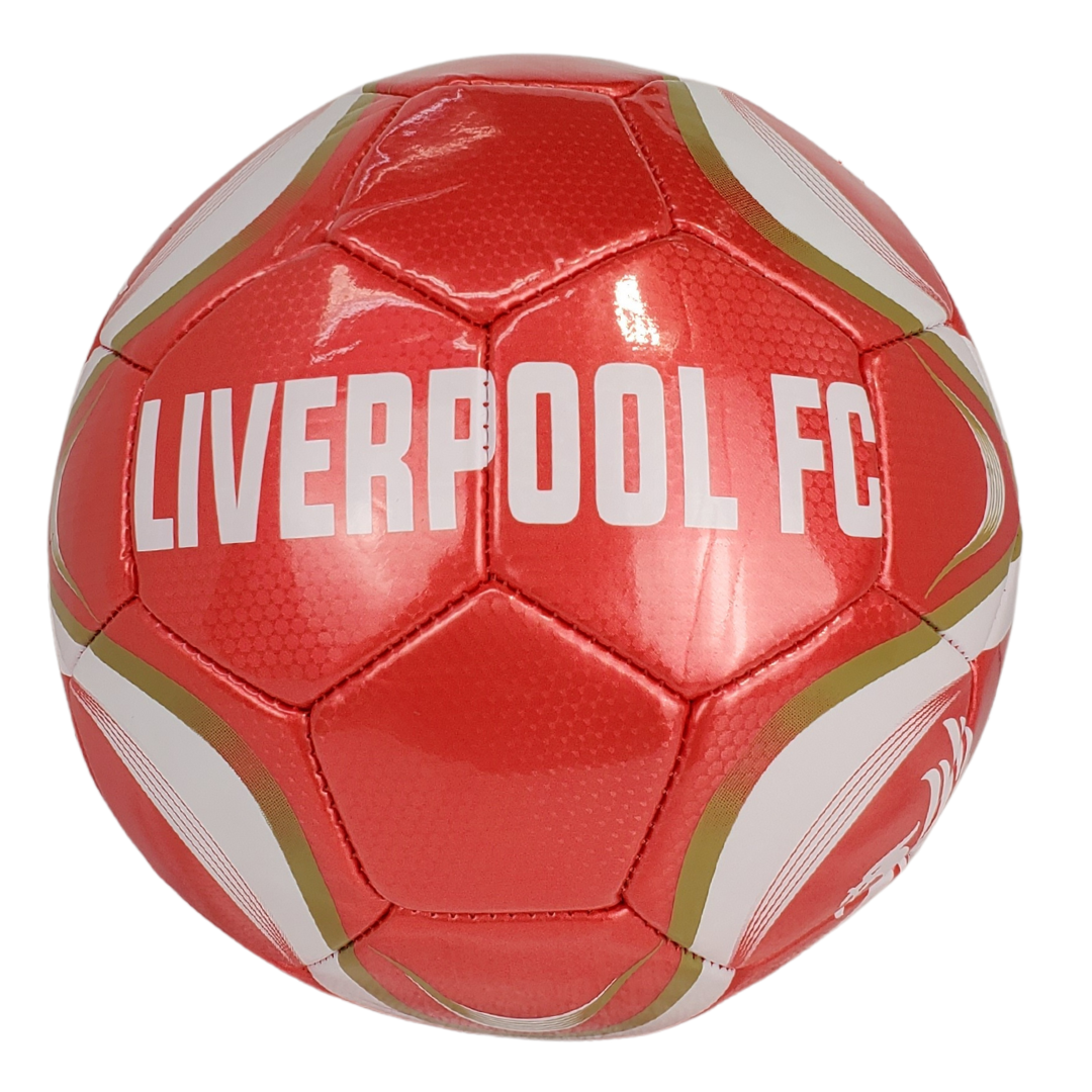 This size 5 Official Liverpool Football Club burgundy football is perfect for any football fan who loves a kick about in the summer. This football has a swoosh white and gold design that wraps around the soccer ball. The ball features the official L.F.C. crest and the text "Liverpool FC." This is the perfect gift for the young L.F.C. football fan! 