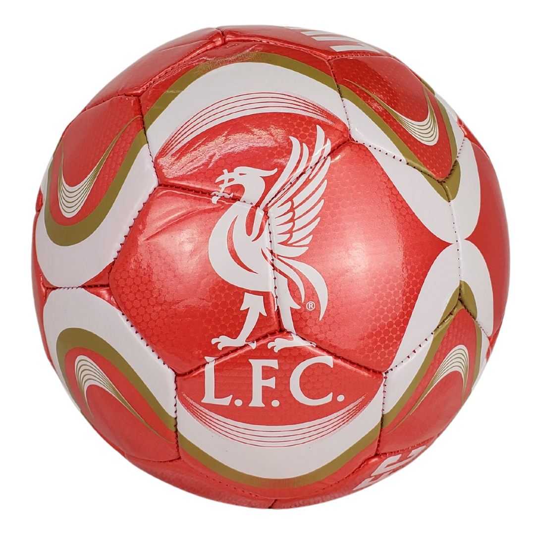 This size 5 Official Liverpool Football Club burgundy football is perfect for any football fan who loves a kick about in the summer. This football has a swoosh white and gold design that wraps around the soccer ball. The ball features the official L.F.C. crest and the text "Liverpool FC." This is the perfect gift for the young L.F.C. football fan! 