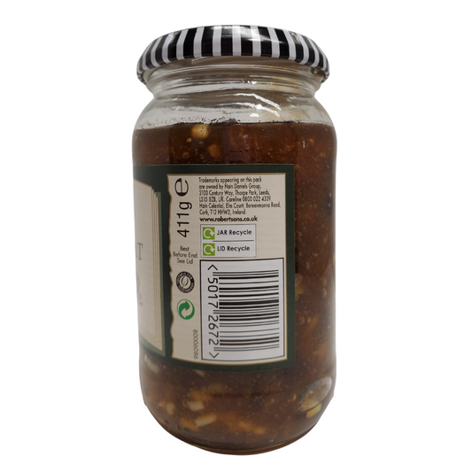Robertson's mincemeat classic. A delicious mix of apple, dried fruits, candied peel, and mixed spices. 411g.  Ingredients: Sugar, Apple (26%). Vine Fruits (26%) [Sultonas Raisins, Currants] Clandied Mixed Citrus Peel (4%), Glucose-Fructose Syrup, Orange Peel, Sugar, Lemon peel ] Vegetable Suet (Palm Oil, sunflower Oil, Treacle. Preservative Acetic acid;  Mixed Spice Acidity regulator:  Citric Acid