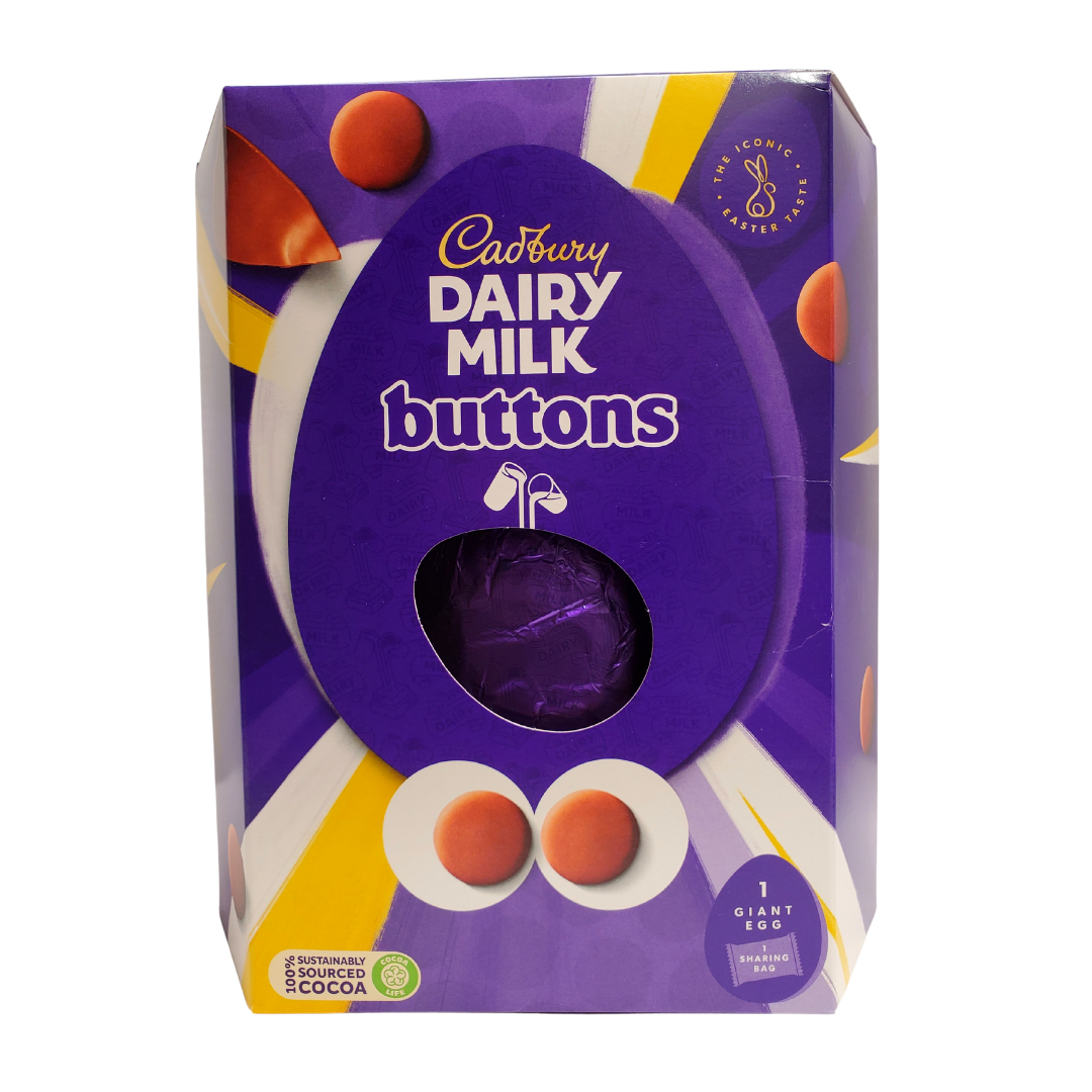 A yummy hollow chocolate egg made with the world-famous Cadbury Dairy Milk chocolate. The chocolate egg is filled with Dairy Milk Buttons. Bright festive packaging perfect for the holiday!  Contains one Cadbury Dairy Milk hollow chocolate egg (419g) and one shareable bag of Cadbury Dairy Milk Buttons.   Imported from the UK. 
