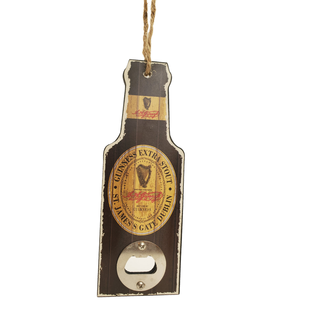 This official Guinness bottle opener is a perfect gift idea! Shaped like a bottle, featuring the traditional harp logo. Hang this on the wall in your bar or man-cave.   Official Guinness product  Twine rope for hanging Sturdy bottle opener  Pair this with our official Guinness bottle cap catcher!