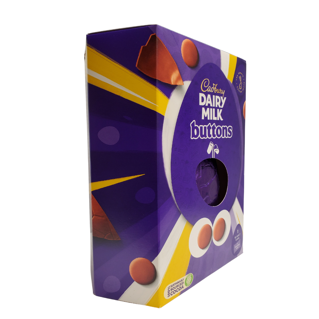 A yummy hollow chocolate egg made with the world-famous Cadbury Dairy Milk chocolate. The chocolate egg is filled with Dairy Milk Buttons. Bright festive packaging perfect for the holiday!  Contains one Cadbury Dairy Milk hollow chocolate egg (419g) and one shareable bag of Cadbury Dairy Milk Buttons.   Imported from the UK. 